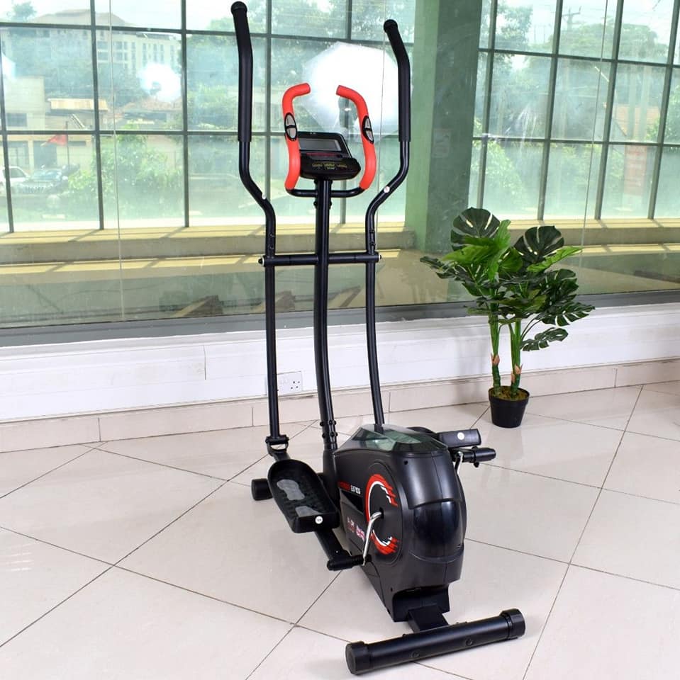Magnetic cross trainer with tablet rack and transport wheels