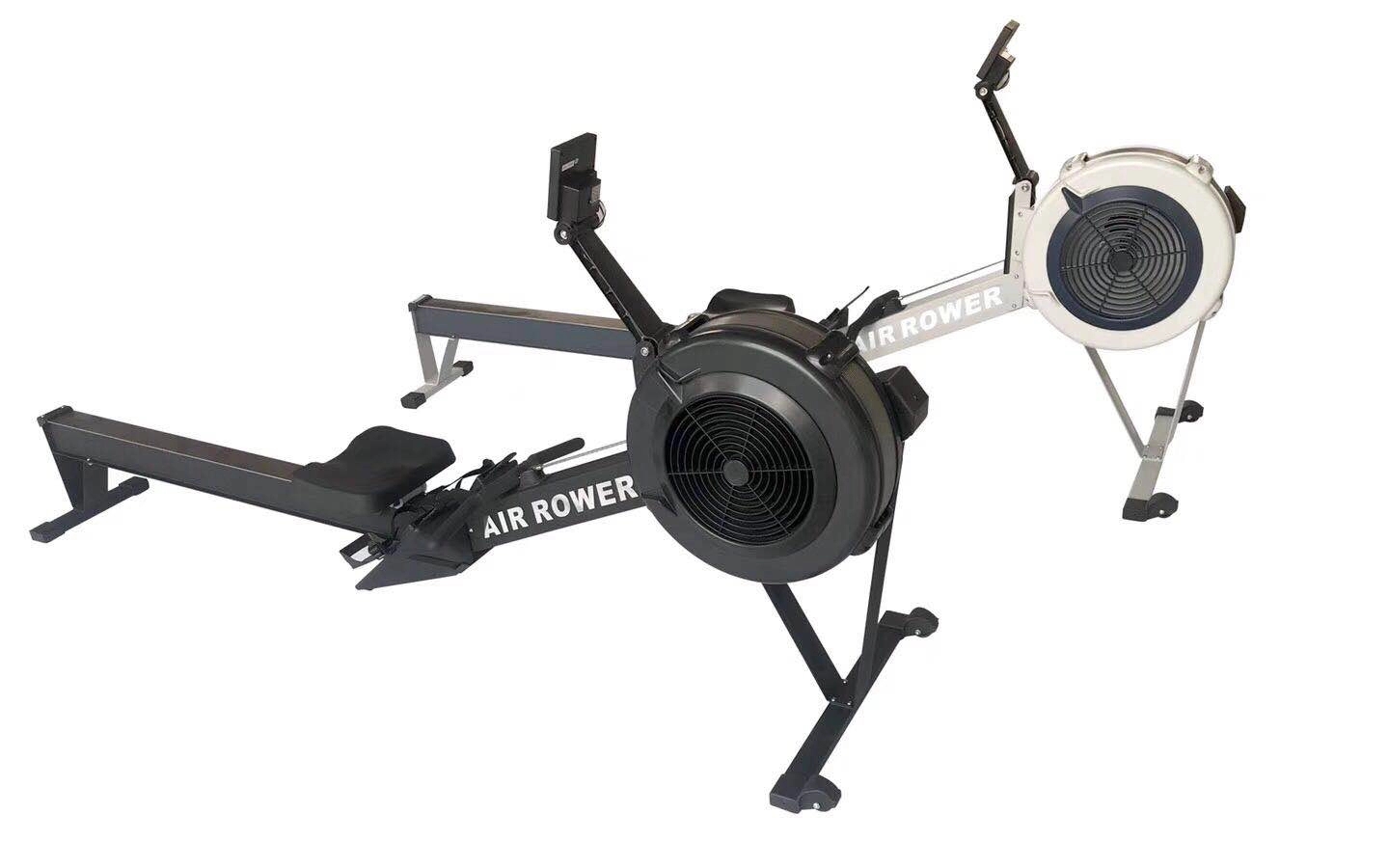 Air rower folded away with transport wheels