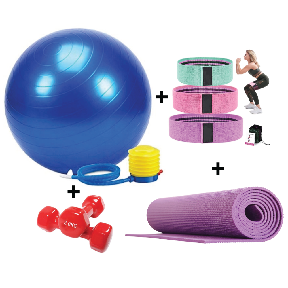combo.png Fabric Resistance Bands + Gym Fitness Ball + Yoga Mat + 2kg Aerobic Dumbbells - Image 1